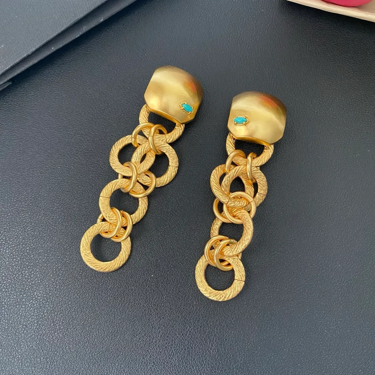 Gold Blue Textured Chain-Link Earrings 8