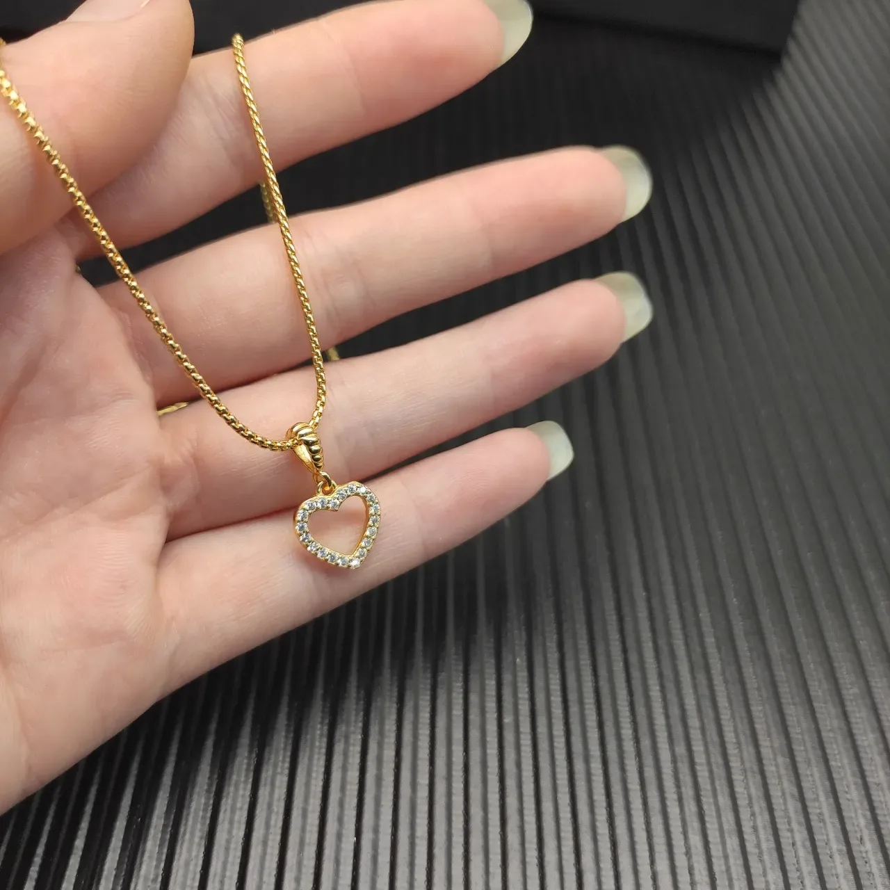Gold Box Chain Pavé Open-Heart Pendant Necklace 7
