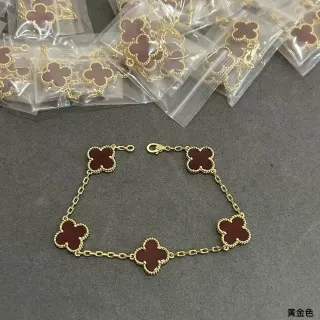 金色酒红色链五叶草形珐琅饰品手链