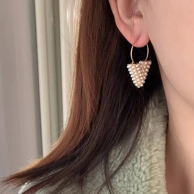 Gold Hoop Pearl Heart Dangling Earrings 2