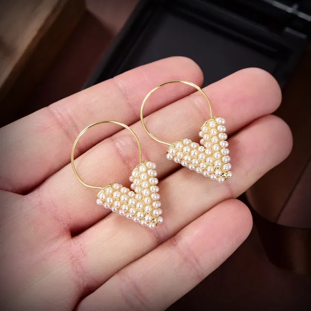 Gold Hoop Pearl Heart Dangling Earrings 7