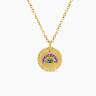 Collier en or multicolore avec bord en corde, pendentif circulaire pavé-set, gemme arc-en-ciel en forme d'arc