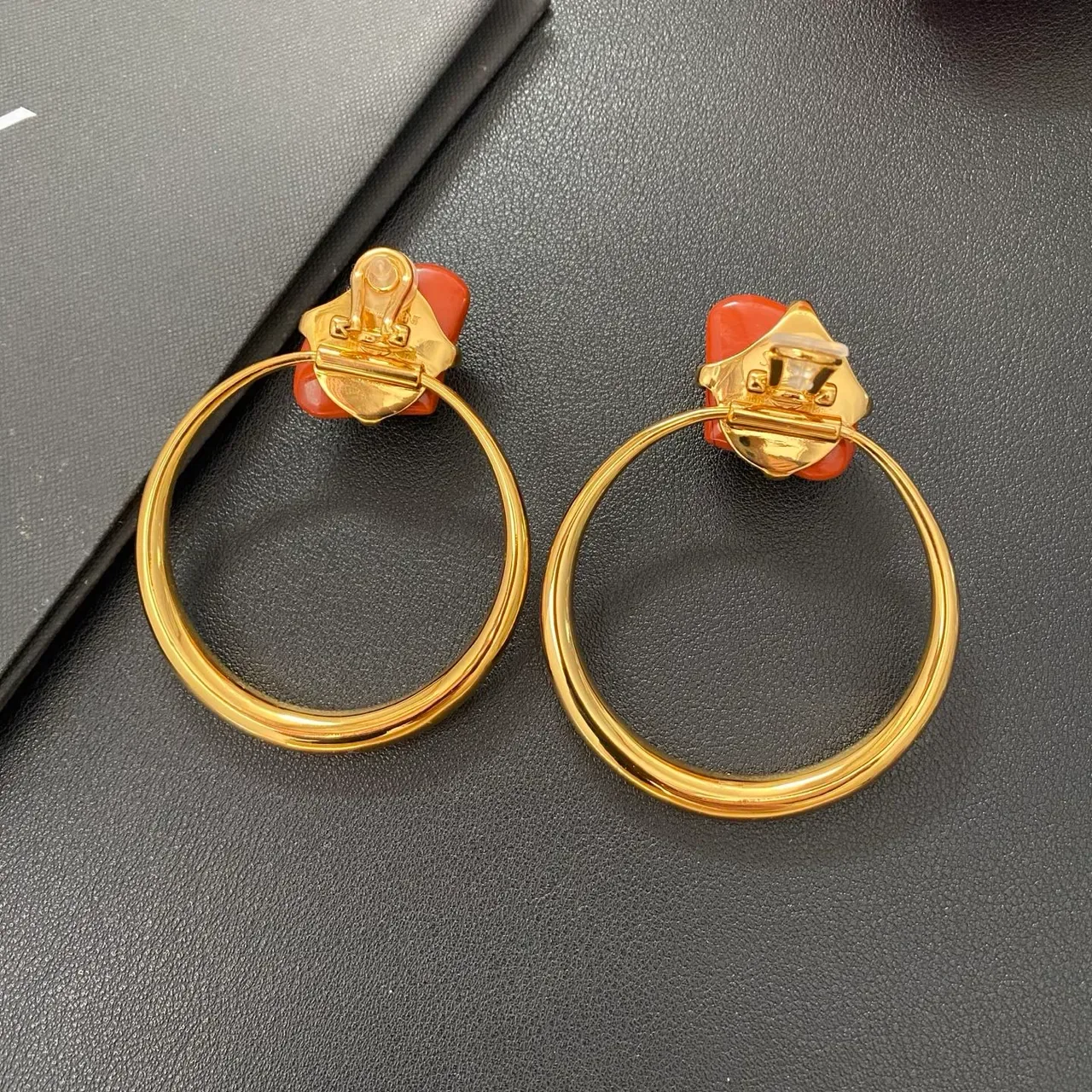 Gold Orange Hoop Cabochon-Set Earrings 5