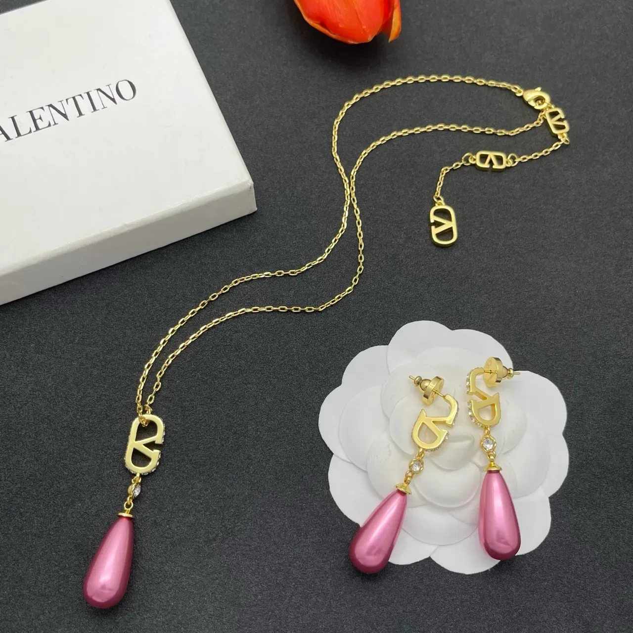 Gold Pink Chain Stylized Logo Pendant Necklace 2