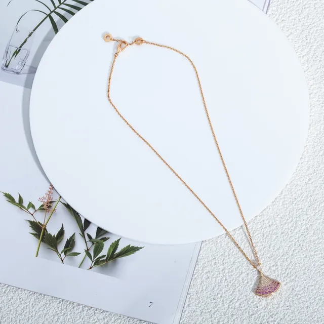Gold Pink Fan-Shaped Pendant Pavé-Set Gemstones Necklace 6