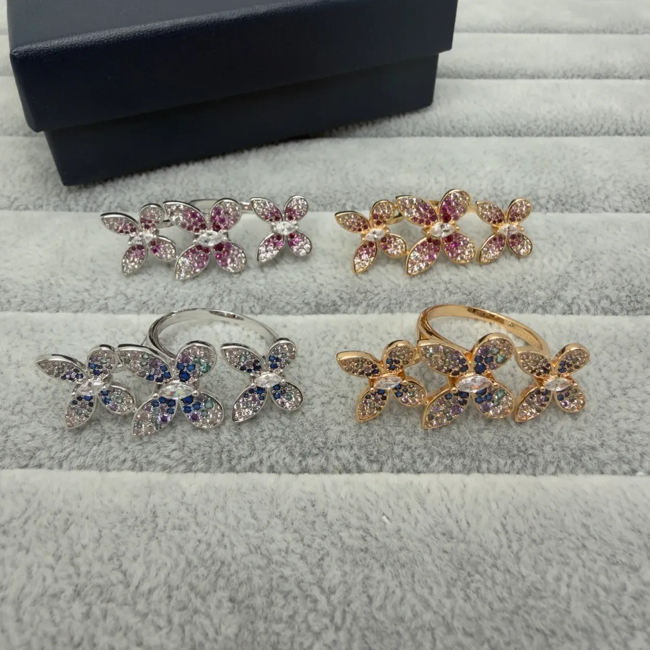 Gold Pink Floral Motif Pavé-Set Stones Ring 2