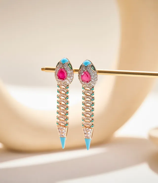 Gold Pink Snake-Inspired Silhouette Pavé-Set Clear Stones Earrings 3