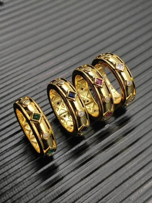 Gold Red Band Square Ruby Inlays Ring 2