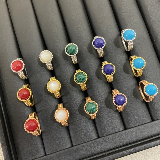 Gold Silver Cabochon-Set Textured Band Ring 3