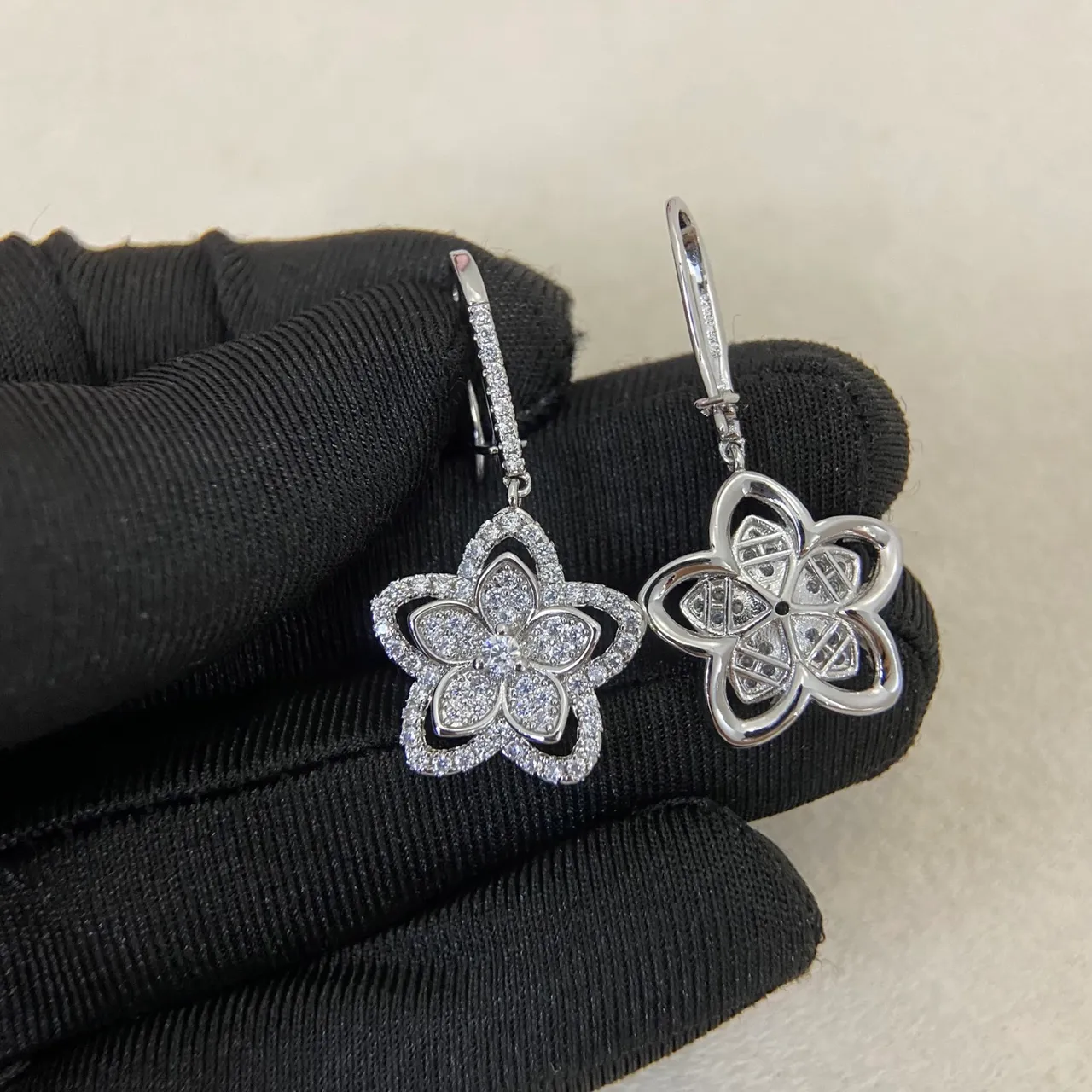 Gold Silver Flower-Shaped Pavé-Set Earrings 3