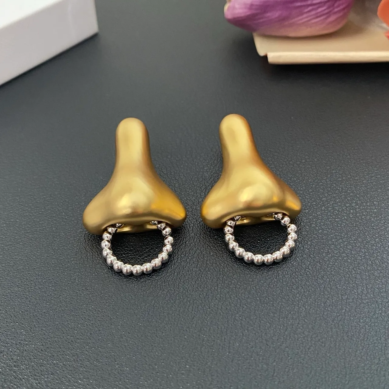 Gold Silver Sculptural Nose-Shaped Matte Finish Earrings 3