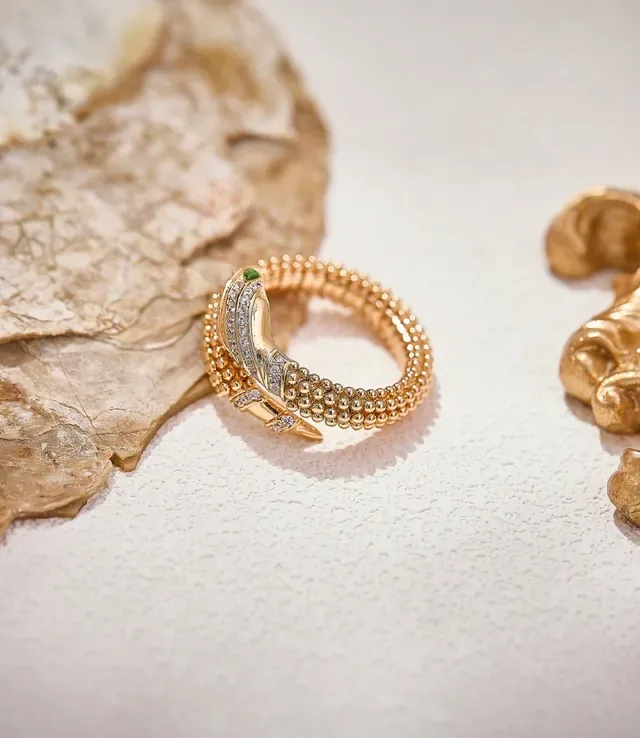 Gold Snake-Inspired Pavé Diamond and Green Gem Ring 6