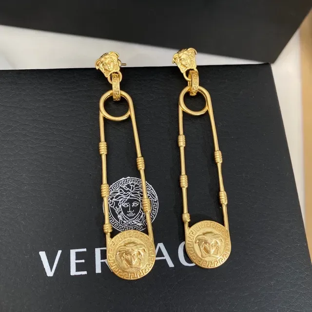 Gold-Tone Lion Head Greek Key Drop Earrings 2