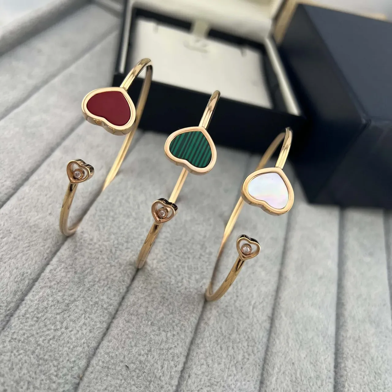 Gold-Tone Open-Cuff Heart Inlay Bracelets 5