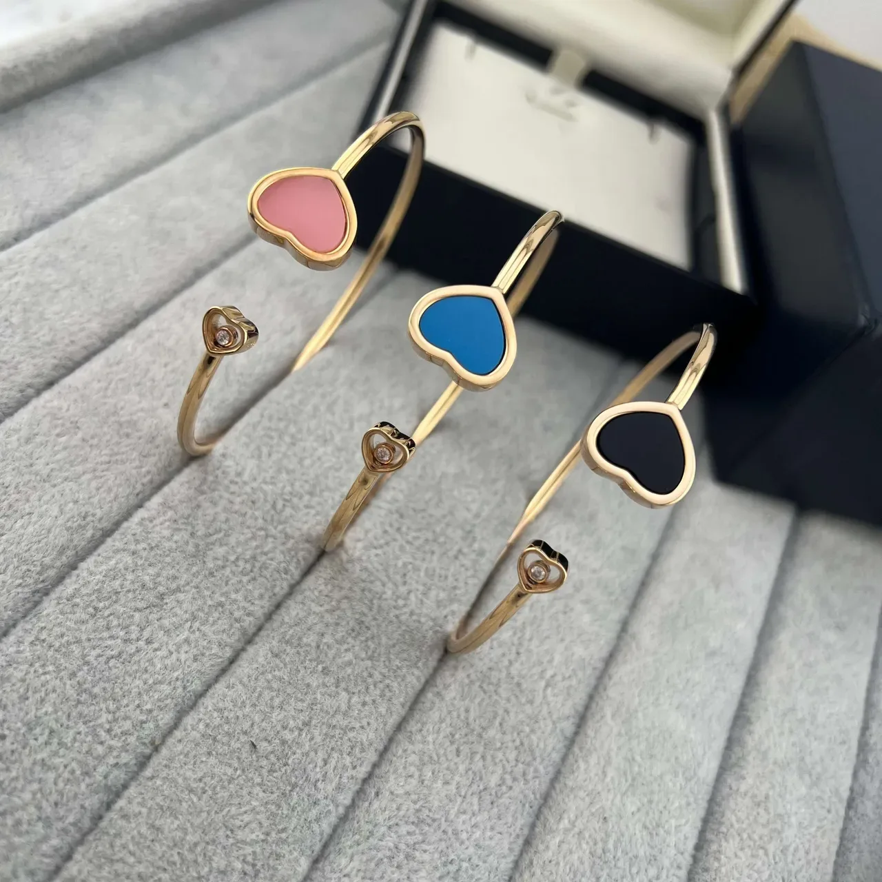 Gold-Tone Open-Cuff Heart Inlay Bracelets 6