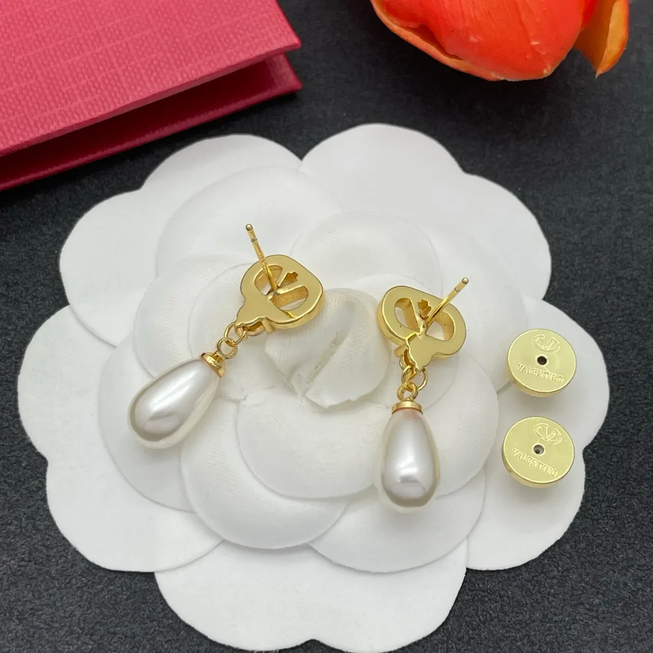 Gold-Tone V-Motif Teardrop Pearl Drop Earrings 3
