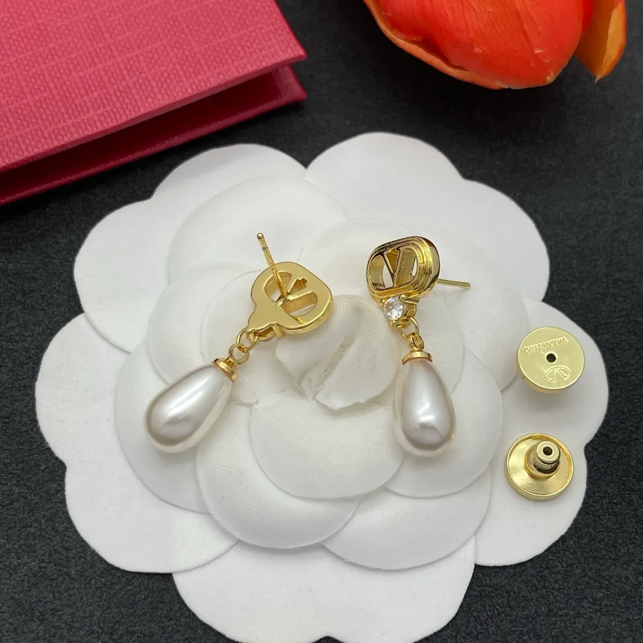 Gold-Tone V-Motif Teardrop Pearl Drop Earrings 4