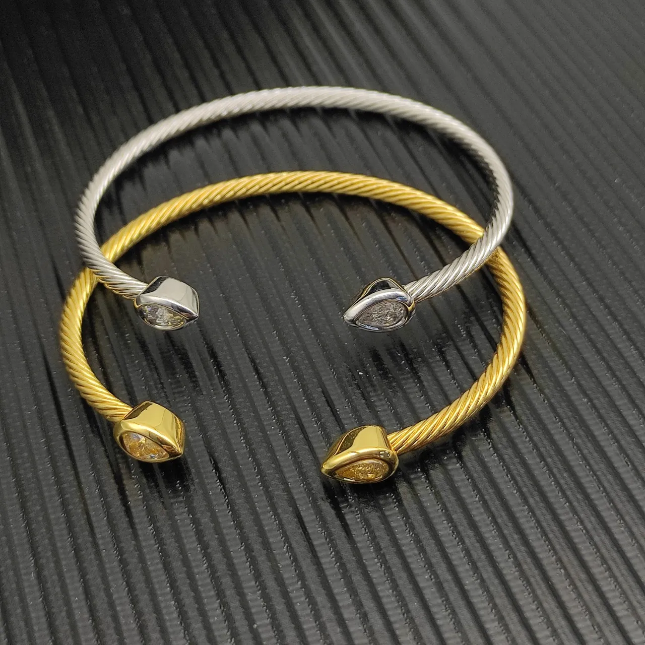 Gold Transparent Twisted Rope Cable Pear-Shaped Bezel-Set Stones Bracelet 4