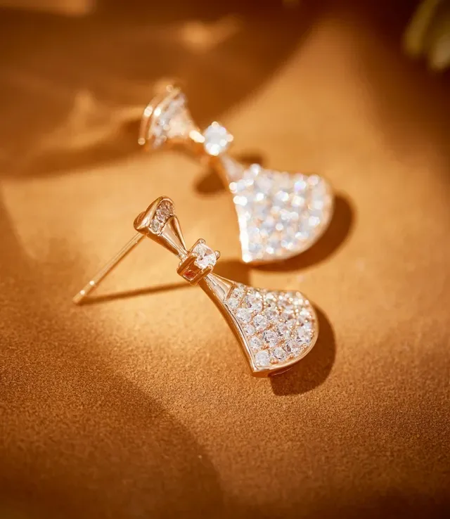 Gold White Fan-Shaped Pavé-Set Earrings 2
