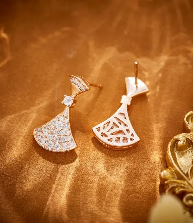 Gold White Fan-Shaped Pavé-Set Earrings 6