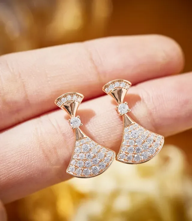 Gold White Fan-Shaped Pavé-Set Earrings 8