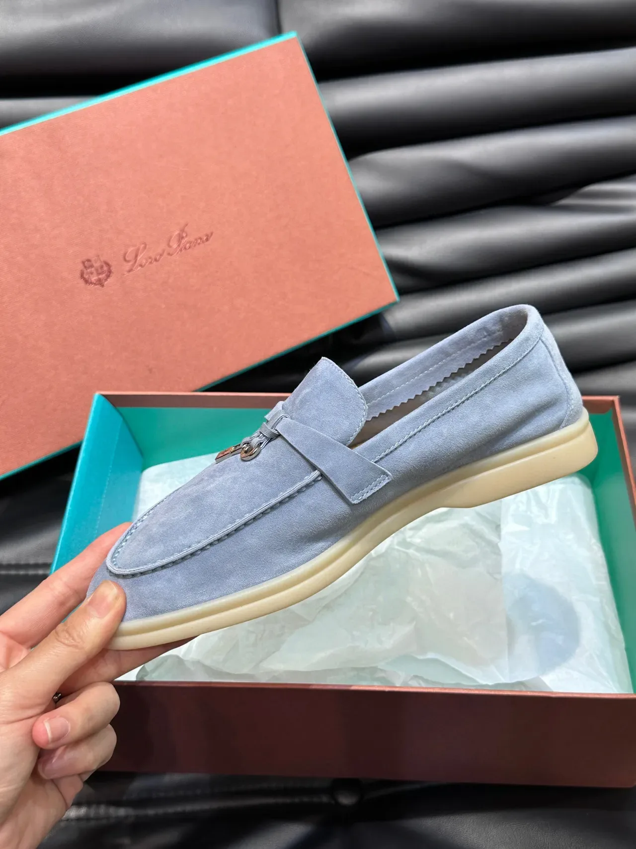Gray Beige Suede Upper Metal Strap Buckle Loafer 7