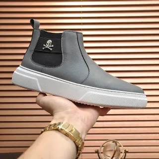 Gray Black Leather Upper Elastic Side Panel Chelsea Boots