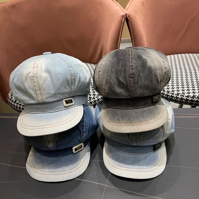 Gray Black Washed Denim Contrast Orange Stitching Beret 2