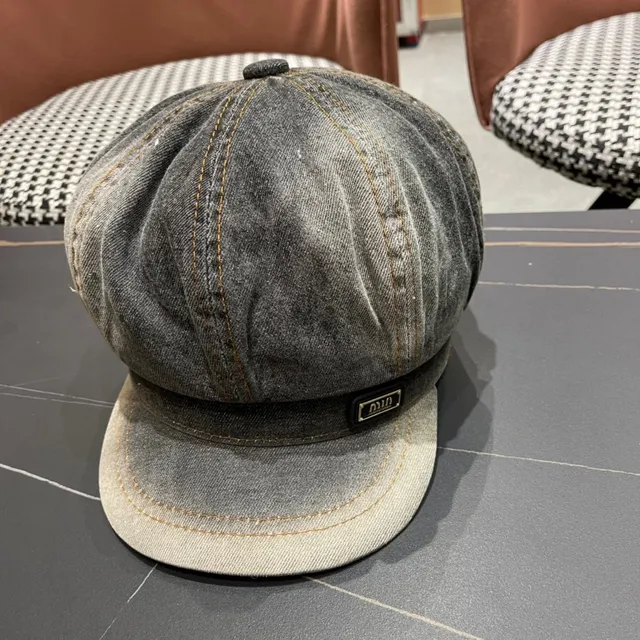 Gray Black Washed Denim Contrast Orange Stitching Beret 3