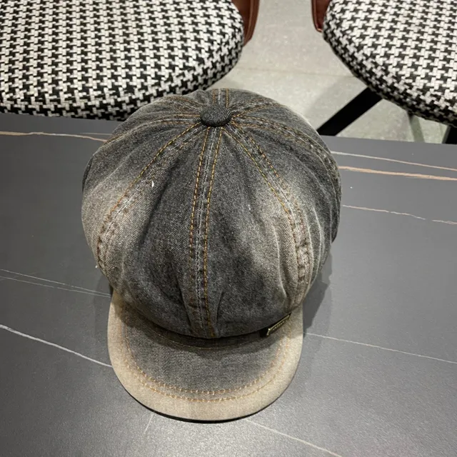 Gray Black Washed Denim Contrast Orange Stitching Beret 6