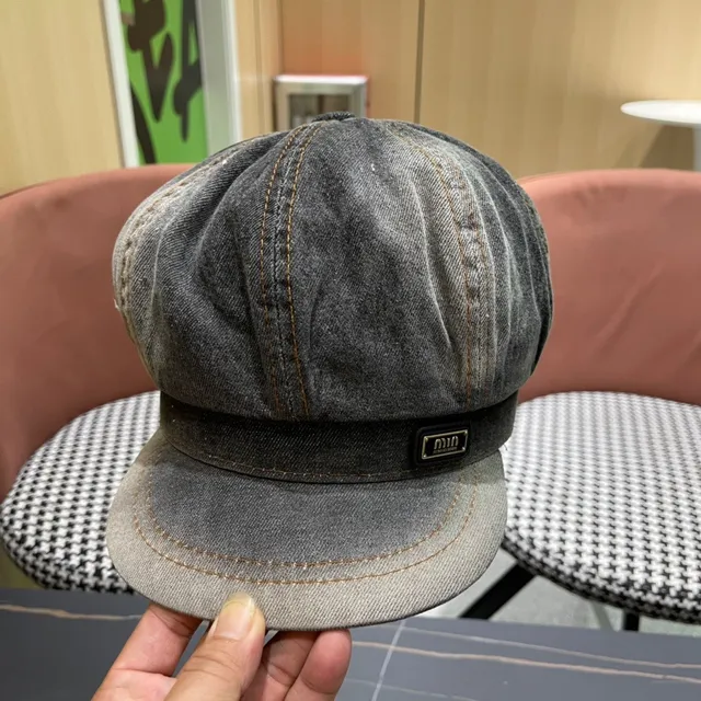 Gray Black Washed Denim Contrast Orange Stitching Beret 8