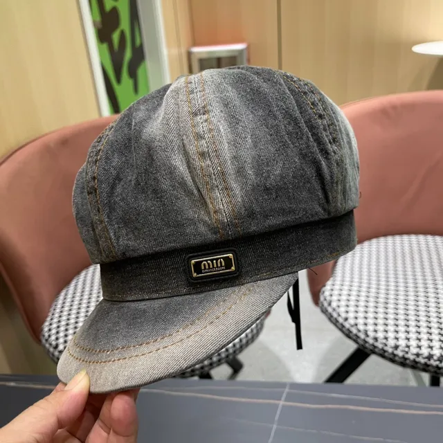Gray Black Washed Denim Contrast Orange Stitching Beret 10