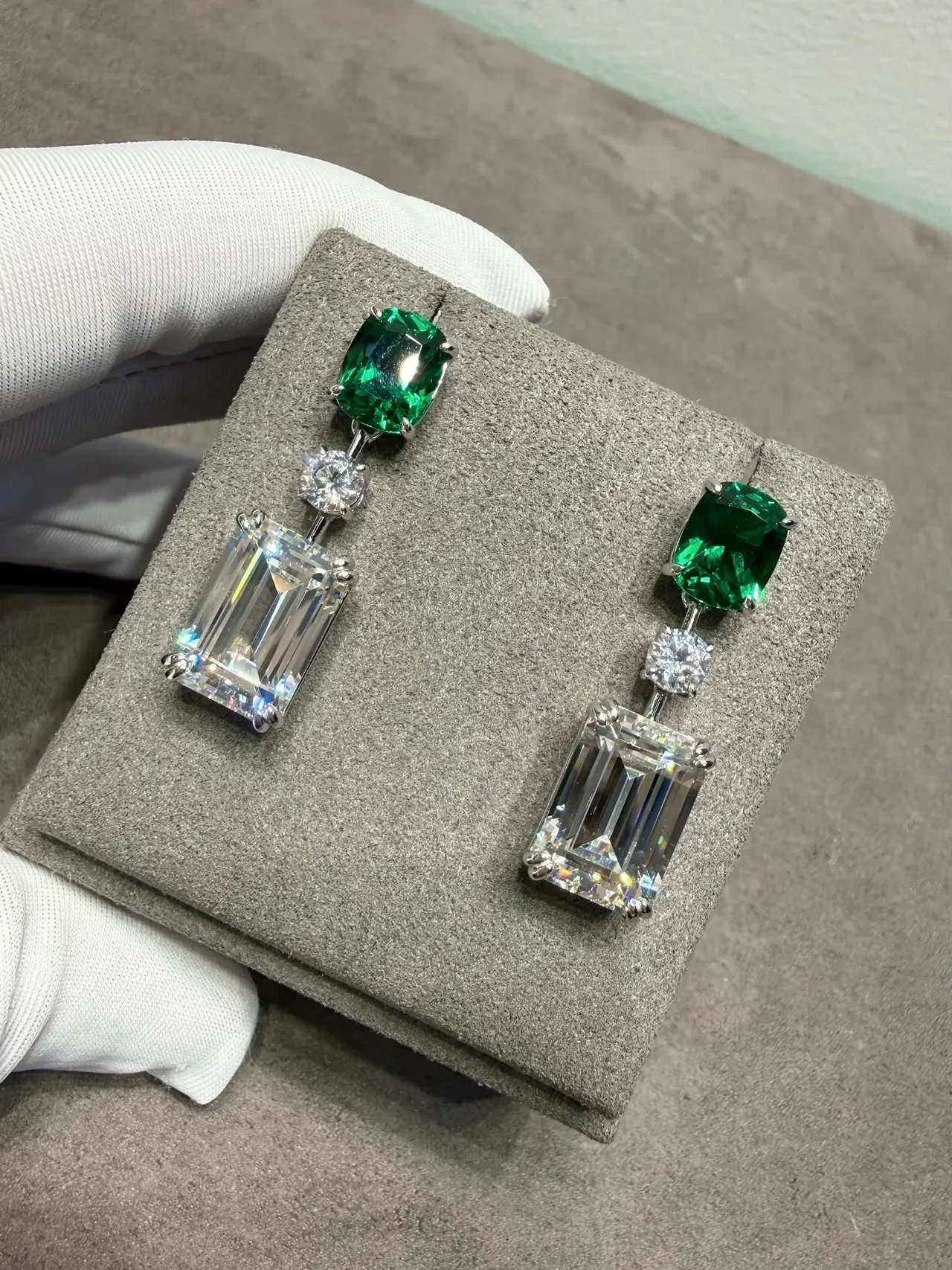 Green and Clear Three-Stone Prong-Set Drop Earrings 4