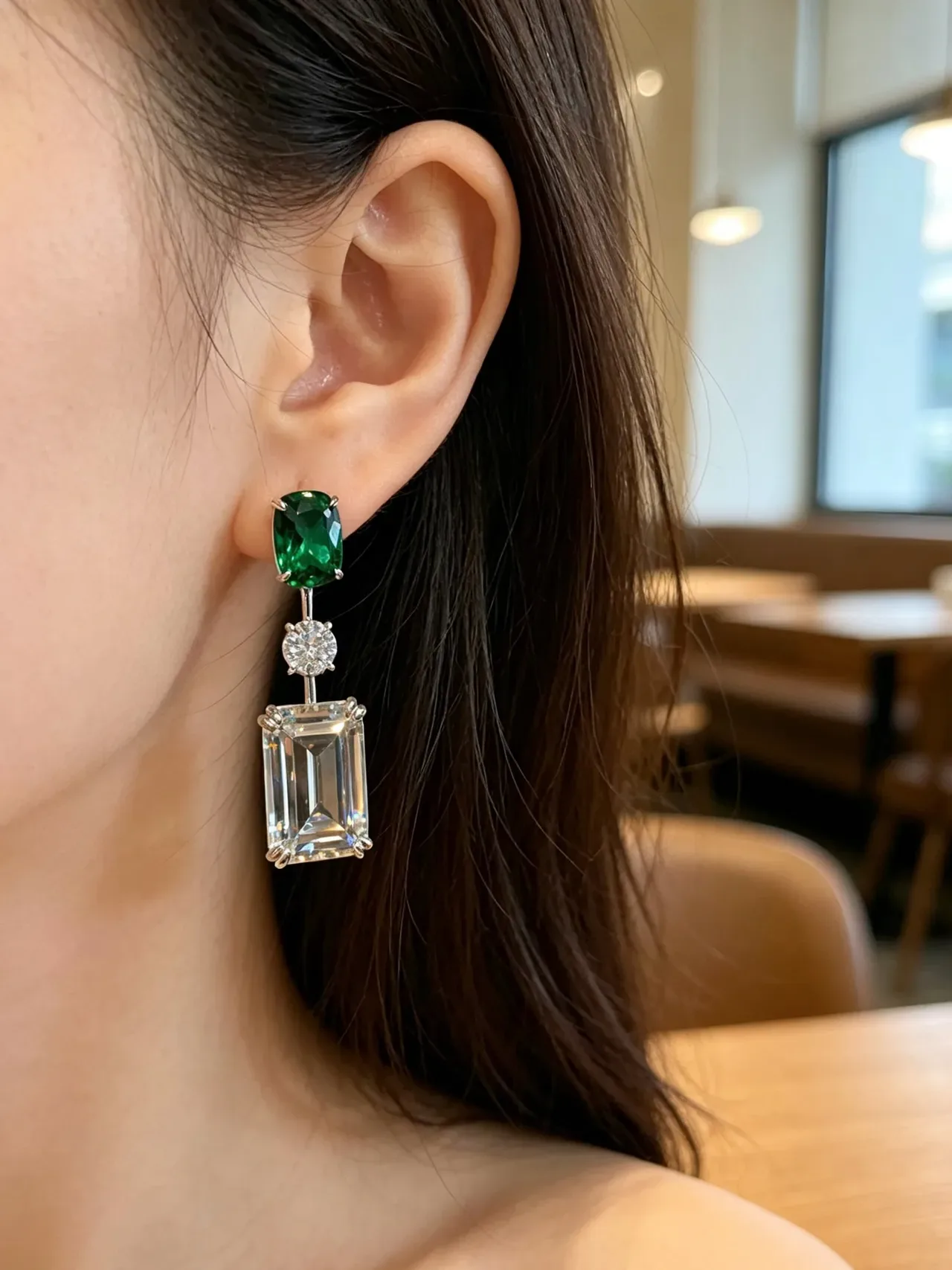 Green and Clear Three-Stone Prong-Set Drop Earrings 9