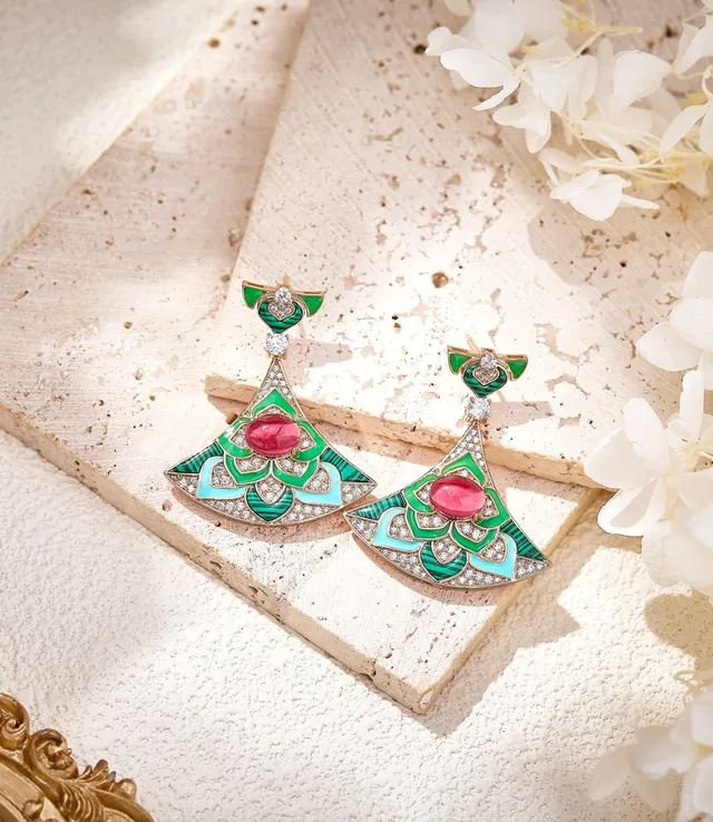 Green Pink Fan-Shaped Enamel-Inlaid Earrings 6