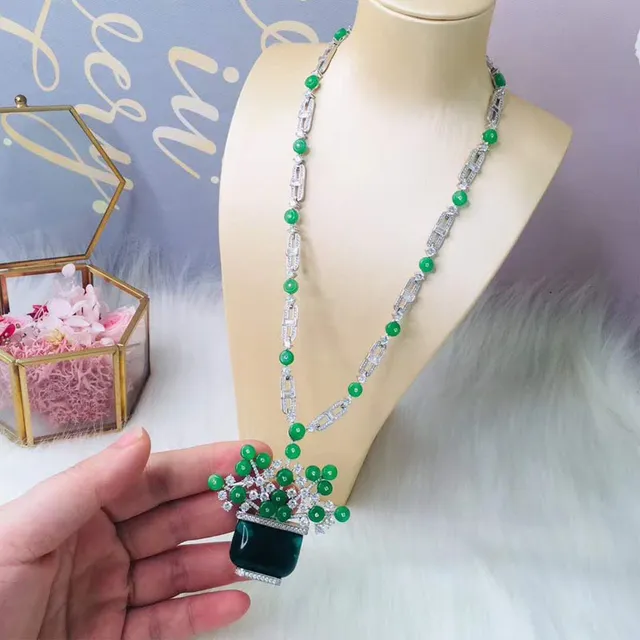 Green Silver Floral-Pot Pendant Cabochon Beads Necklace 4