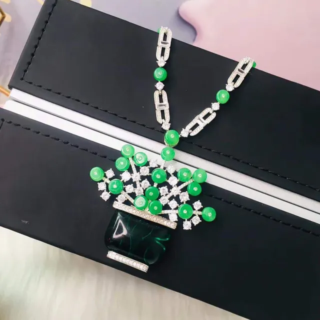 Green Silver Floral-Pot Pendant Cabochon Beads Necklace 7