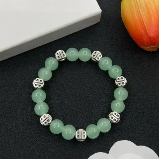 Green Stone and Silver-Tone Beaded Bracelet