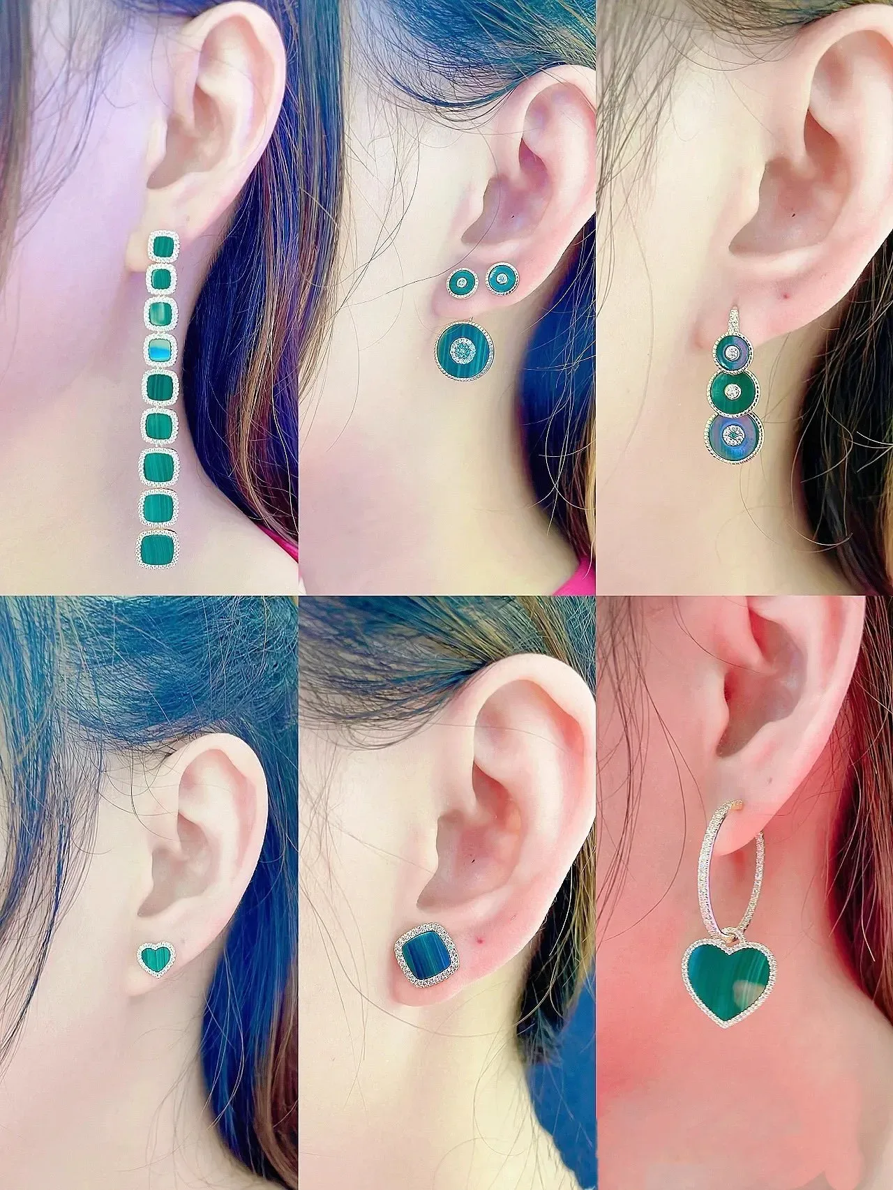 Green Striped Enamel and Crystal Drop Earrings 2