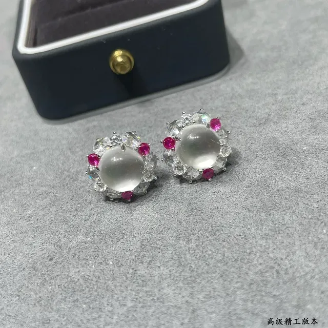 Halo-Set Cabochon Center Multi-Stone Floral Earrings 3