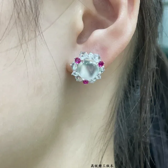 Brincos Florais Halo-Set Centro Cabochon Múltiplas Pedras 9