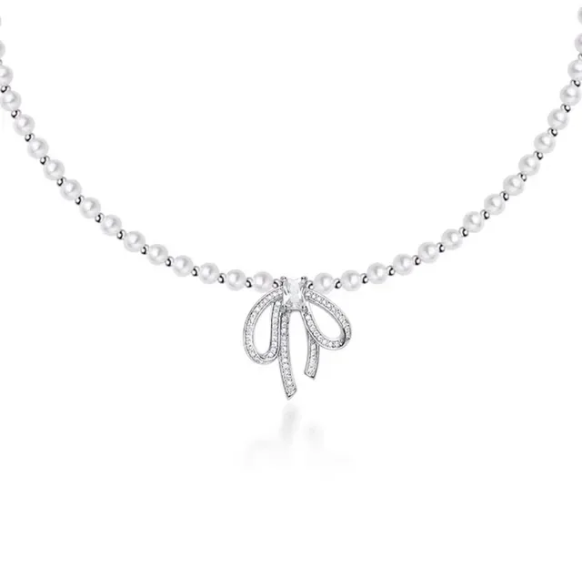 HEFANG Collier à chaîne perles bleues argentées pendentif en forme de nœud 2