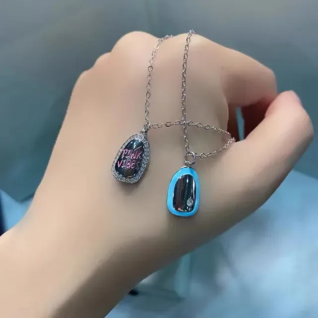 HEFANG Silver Pink Asymmetrical Teardrop Pendants Enamel Detailing Necklace 5