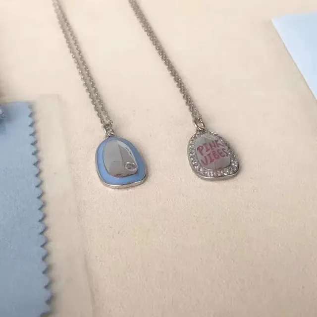 HEFANG Silver Pink Asymmetrical Teardrop Pendants Enamel Detailing Necklace 8