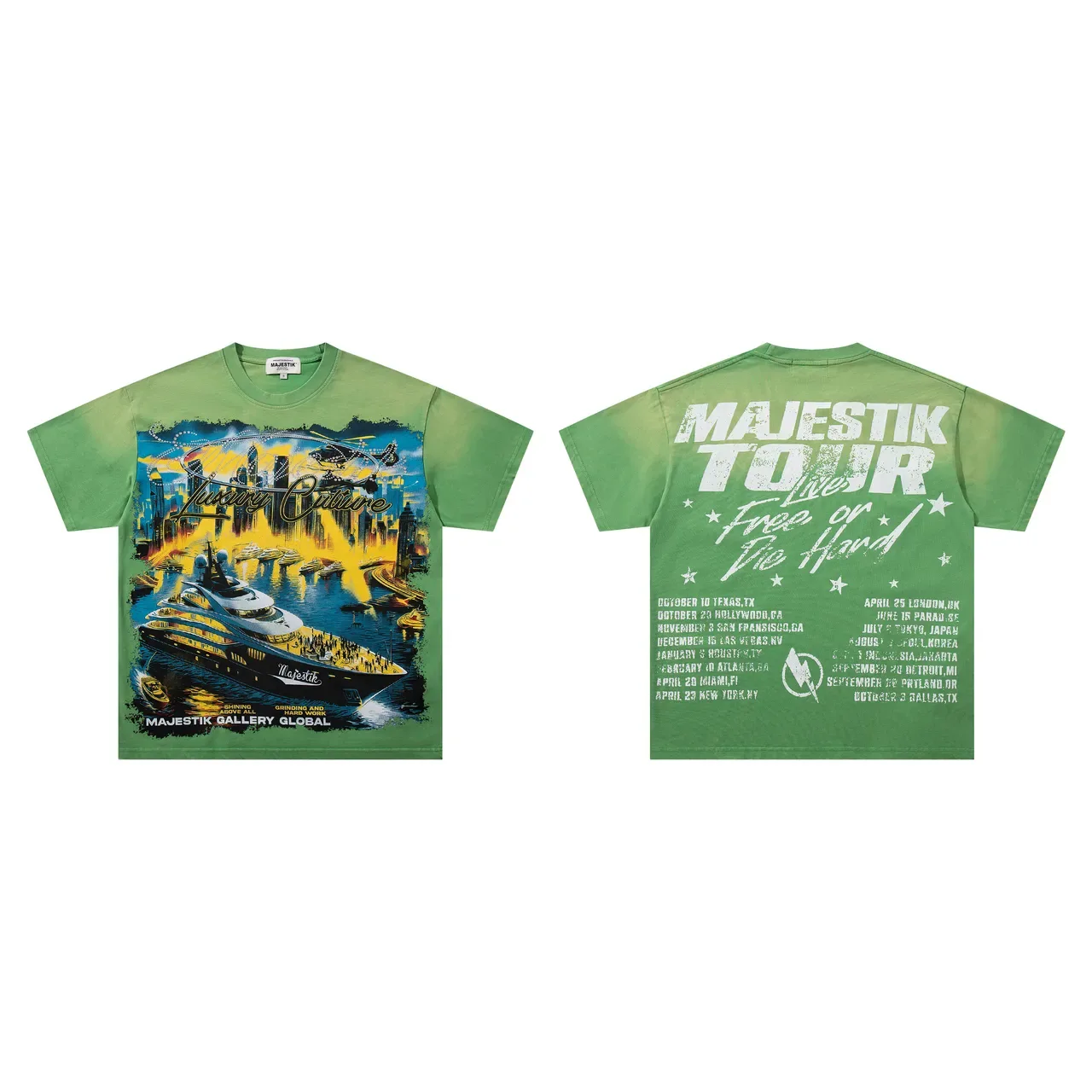 T-shirt graphique vert merchandising tournée culture de luxe MAJESTIK 2
