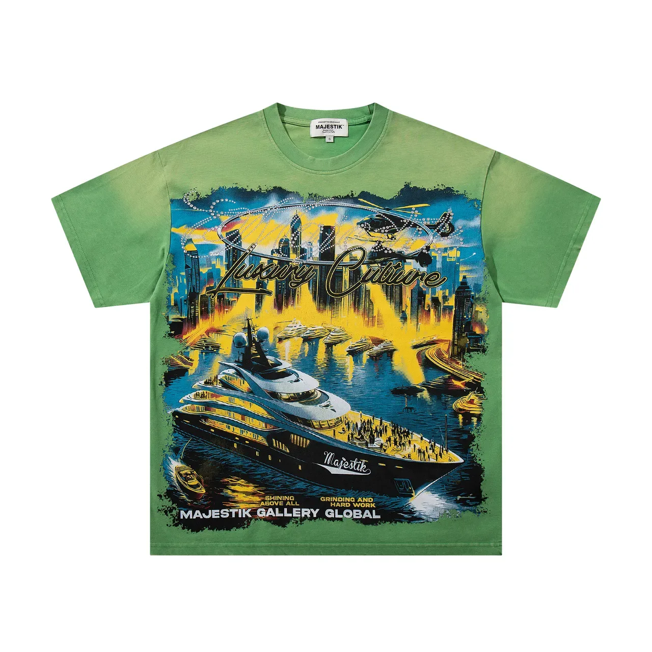 T-shirt graphique vert merchandising tournée culture de luxe MAJESTIK 4