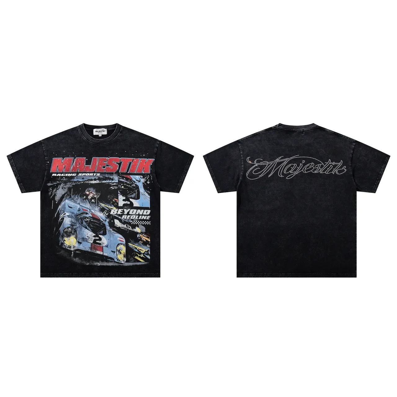 Majestik Racing Sports Graphic Print Washed Black T-Shirt 2