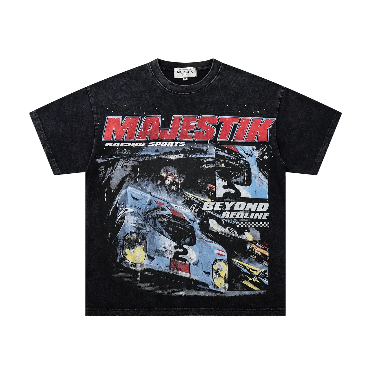 Majestik Racing Sports Graphic Print Washed Black T-Shirt 4