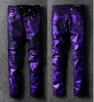 Pantalon style moto à panel ribeté violet métallique 2
