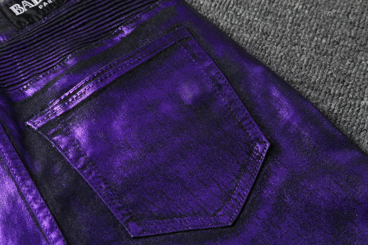 Pantalon style moto à panel ribeté violet métallique 5
